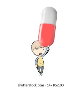 Boy holding colorful pill. Vector design. 
