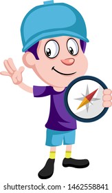 Boy holding compas, illustration, vector on white background.