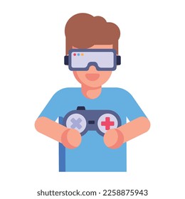 Boy holding a console game, flat icon 