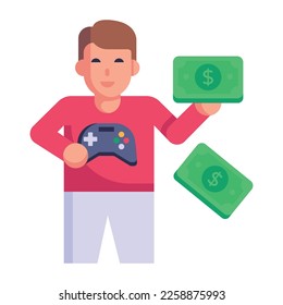 Boy holding a console game, flat icon 