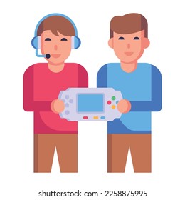 Junge, der ein Konsolenspiel hält, flaches Symbol 