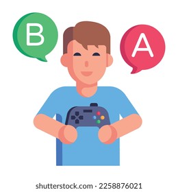 Niño sosteniendo un juego de consola, icono plano 