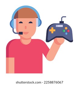 Boy holding a console game, flat icon 
