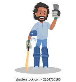Boy is holding a cricket bat and taking a selfie. Vector graphic illustration. Individually on white background 