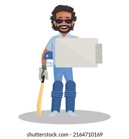 Boy Is Holding A Cricket Bat And Whiteboard In Hand. Vector Graphic Illustration. Individually On White Background. 