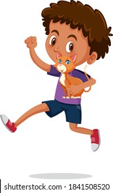 Boy holding cute animal cartoon character isolated on white background illustration