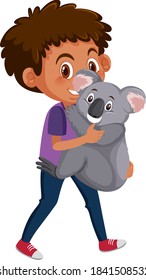 Boy holding cute animal cartoon character isolated on white background illustration