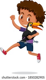 Boy holding cute animal cartoon character isolated on white background illustration