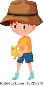 Boy holding cute animal cartoon character isolated on white background illustration