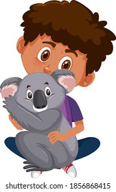 Boy holding cute animal cartoon character isolated on white background illustration