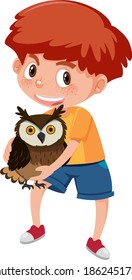 Boy holding cute animal cartoon character isolated on white background illustration