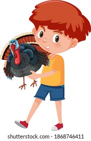 Boy holding cute animal cartoon character isolated on white background illustration