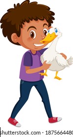 Boy holding cute animal cartoon character isolated on white background illustration
