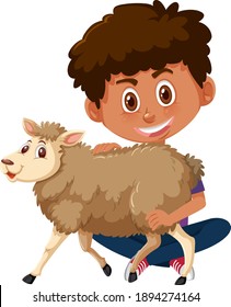 Boy holding cute animal cartoon character isolated on white background illustration