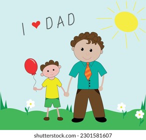 Boy holding dad's hand. Children’s drawing style. Doodle. Cartoon Vector illustrations. Father`s day concept.