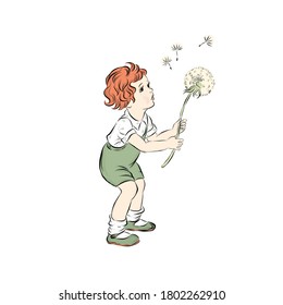 Boy holding dandelion. Redhead child with flower. Hand drawn vector clip art. Illustration for children's books, posters for the interior of bedrooms for newborns, postcards in vintage style