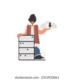 The boy is holding a data cloud and a server. Detached. Trendy style, Vector Illustration