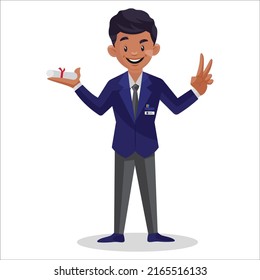 Boy is holding degree in one hand and other hand showing victory sign. Vector graphic illustration. Individually on white background.