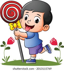 The boy is holding the delicious lollipop and running in the garden of illustration