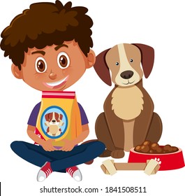 Boy holding dog food with cute dog on white background illustration