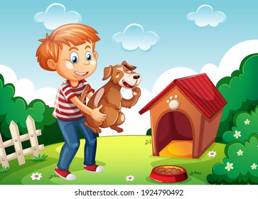 Boy holding a dog in nature scene white doghouse illustration