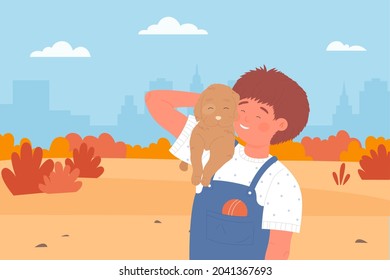 Niño sosteniendo mascota de perro en la imagen vectorial del parque de la ciudad de otoño naranja. Caricatura alegre niño sonriente abrazando adorable cachorro, niño pequeño alegre y vagabundo pasean tiempo divertido y caminan al fondo