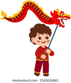 Boy Holding Dragon Dance Puppet Celebrating Chinese New Year Illustration