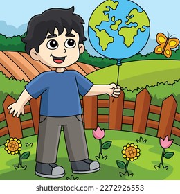 Niño sosteniendo una caricatura de color sobre un globo terrestre 