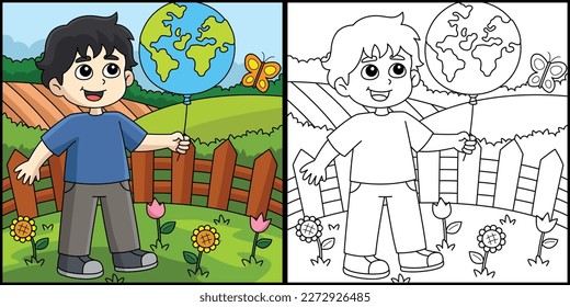 Niño sosteniendo una ilustración de un globo terrestre coloreando