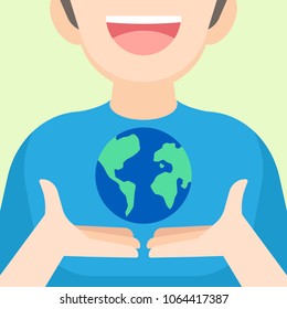 boy holding the Earth in hands, Earth day April 22 concept, vector illustration.