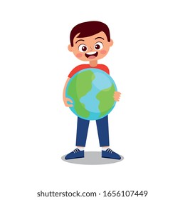 boy holding earth planet in his hands. vector illustration