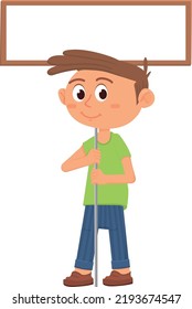 Niño con una pancarta vacía. Niño con placa de madera