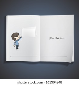 Boy holding an empty business card printed on book. Vector design. 