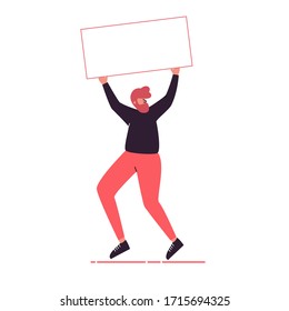 Boy is holding an empty signboard. 
Online store vector illustration. Purple and pink person with sign.