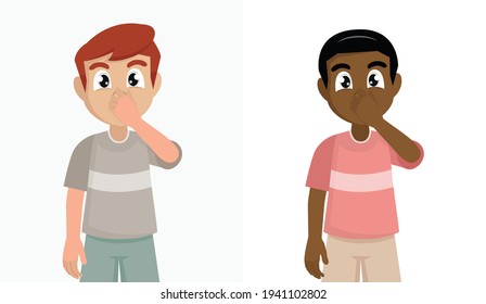 boy holding fingers on nose. person covering breath with hand for bad smell.