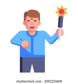 Boy holding firecracker, flat icon of diwali celebrations