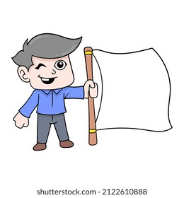 Junge, der eine leere Fahne hält Vorlage, Vektorgrafik. doodle Symbol-Bild kawaii.