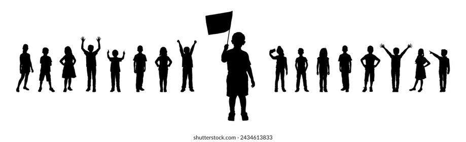 Boy holding flag in front of group of children vector silhouette. Little kid standing and waving flag in front of group of happy kids black silhouette.	