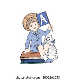 Boy holding flag with letter A sitting next to cat. Hand drawn illustration for children's books, posters for the interior of bedrooms for newborns, postcards in vintage style