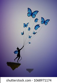 boy holding flock  of blue butterflies and flying away, fairy character,  life in the dreamland on flying rock, silhouette.