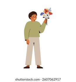 Boy holding flower bouquet. Happy male teenager with floral bunch gift in hands. Flat vector illustration isolated on white background