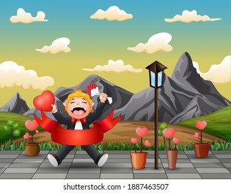 Boy holding a flower and heart for valentine's day
