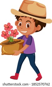 Boy holding flower in pot cartoon character isolated on white background illustration