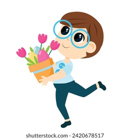 The boy is holding a flower pot with flowers and decorative eggs in his hands. A child celebrates Easter. Illustration in cartoon style isolated on white background.