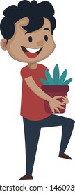 Boy is holding flowerpot, illustration, vector on white background.