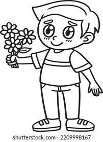 Boy Holding Flowers Isolated Coloring Page