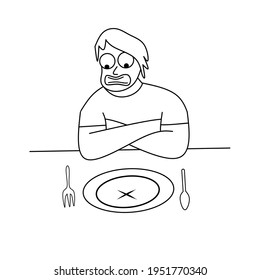 Junge, der eine Gabel hält und den leeren Teller anschaut, Junge, der vor dem Teller sitzt und einen Löffel hält. Schwarz - weißer Bleistift Zeichnung zum Thema Essen, Appetit bei Kindern.