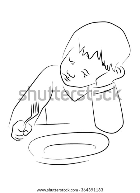 boy holding a fork and looks at the empty plate, boy sitting in front
