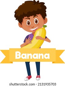 A boy holding fruit with letter on white background illustration