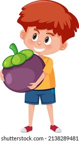 Niño sosteniendo fruta en ilustración de fondo blanco